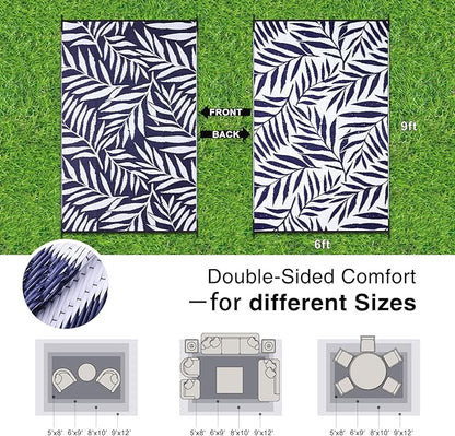 OLANLY Waterproof Outdoor Rug 6x9 ft, Reversible Outdoor Plastic Straw Rug with Leaf Pattern, RV Mat, Indoor Outdoor Carpet for Patio, Camping, Balcony, Deck, Backyard, Navy & White
