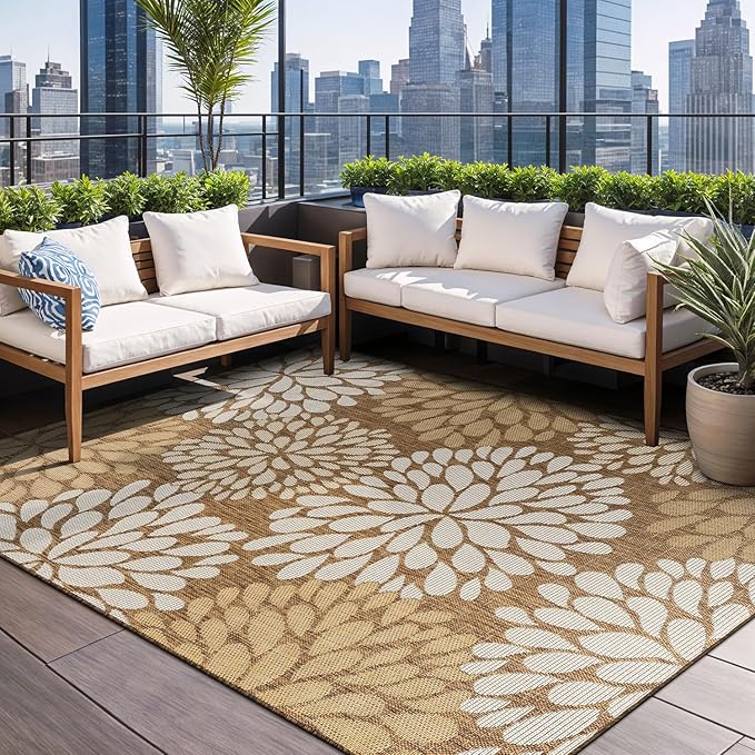 Beverly Rug Outdoor Rug 9x12 Modern Exotic Tropical Leaf Area Rugs for Indoor and Outdoor Patio Deck Porch Garden Water Resistant Washable Outside Carpet (9 x 12 Wooden)