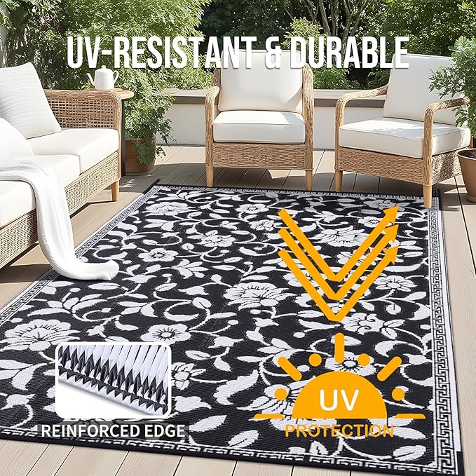 OLANLY Waterproof Outdoor Rug 9x12 ft, Outdoor Plastic Straw Rug with Flower Pattern, Reversible RV Mat for Patio, Camping, Balcony, Deck, Backyard, Black & White