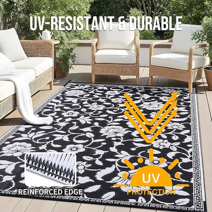OLANLY Waterproof Outdoor Rug 8x10 ft, Outdoor Plastic Straw Rug with Flower Pattern, Reversible RV Mat for Patio, Camping, Balcony, Deck, Backyard, Black & White