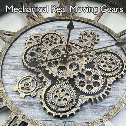 DORBOKER 40" Original Moving Gears Wall Clock, Large Industrial Wall Clock for Living Room Decor,Oversized Wood Vintage Farmhouse Steampunk Rustic Clocks for Wall Decor,Silver Grey