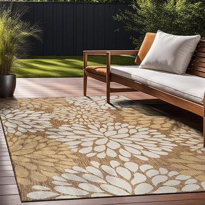 Beverly Rug Outdoor Rug 9x12 Modern Exotic Tropical Leaf Area Rugs for Indoor and Outdoor Patio Deck Porch Garden Water Resistant Washable Outside Carpet (9 x 12 Wooden)