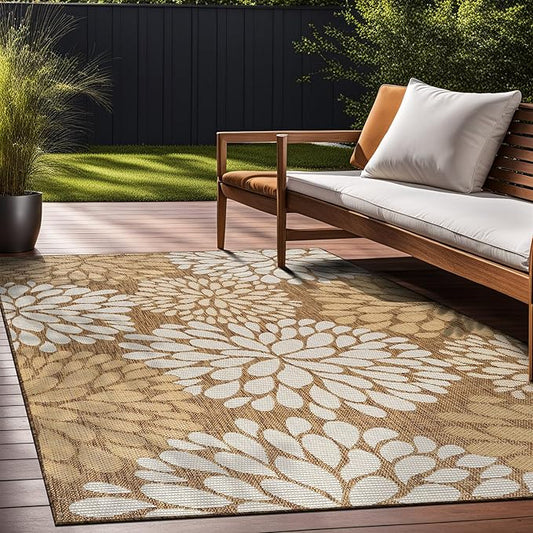 Beverly Rug Outdoor Rug 9x12 Modern Exotic Tropical Leaf Area Rugs for Indoor and Outdoor Patio Deck Porch Garden Water Resistant Washable Outside Carpet (9 x 12 Wooden)