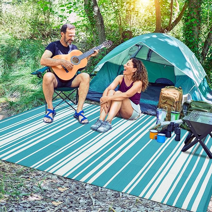 Waterproof Outdoor Rug 8x10 Contemporary Reversible Plastic Straw Rug, Easy Cleaning Striped Patio Carpet, UV-Resistant Indoor Outdoor Floor Cover for RV, Porch, Deck, Backyard, Light Blue