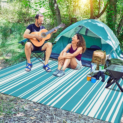 Outdoor Patio Rug 9x12 Stain-Resistant Reversible Camping Mat, Modern Striped Outdoor Plastic Straw Rug, Waterproof Outside Carpet, Easy to Clean for RV, Porch, Deck, Balcony, Light Blue
