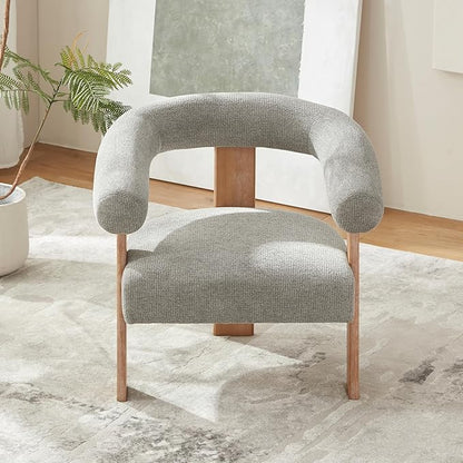 VKNOW Accent Chair Living Room Chair, Modern Upholstered Armchair with Solid Wood Legs, Comfy Barrel Arm Chairs for Living Room Bedroom, Light Grey
