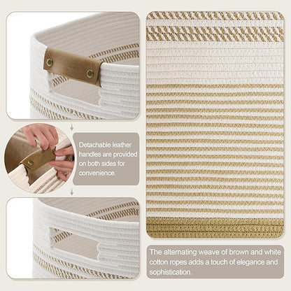 85L Tall Laundry Hamper with Handles for Living Room Storage, Extra Large Woven Rope Baskets Bin for Blanket, Kids Toy, Gifts, Wicker Hamper for Bedroom Dirty Clothes, 17"x14"x22" Khaki