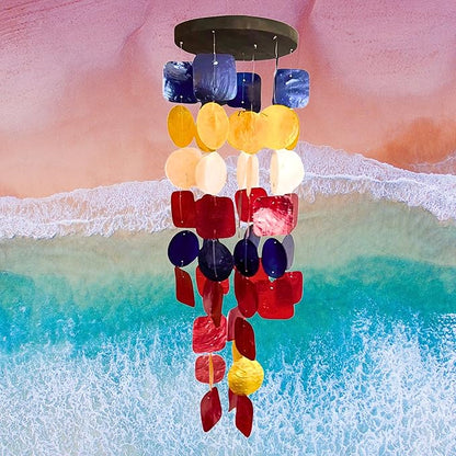 Bellaa 24872 Wind Chimes Outdoor, Garden Decorations, Musical, Indoor/Outside Windchimes, Beach, Ocean Breeze, Gifts for Mom, Gift for All Occasions, Sea Glass Shells Wood Red Blue Yellow White