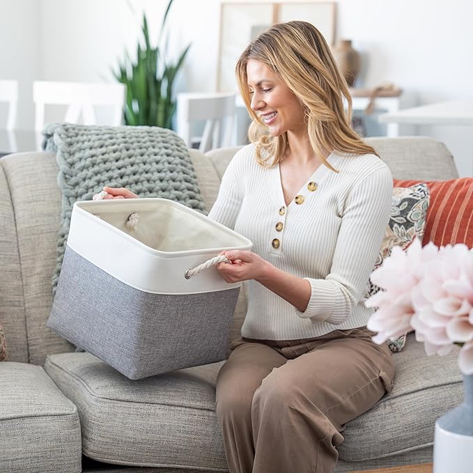OrganiHaus 12x12 Cube Storage Bins 4 Pack, Foldable Cube Storage Organizer w/ Rope Handles, Collapsible Fabric Bins for Toys, Clothes & Closet Organization, Fabric Square Baskets - Gray/White
