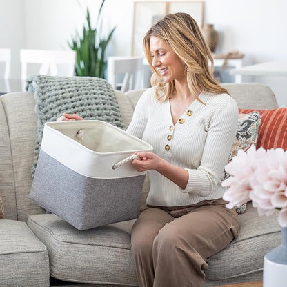 OrganiHaus 12x12 Cube Storage Bins 4 Pack, Foldable Cube Storage Organizer w/ Rope Handles, Collapsible Fabric Bins for Toys, Clothes & Closet Organization, Fabric Square Baskets - Gray/White