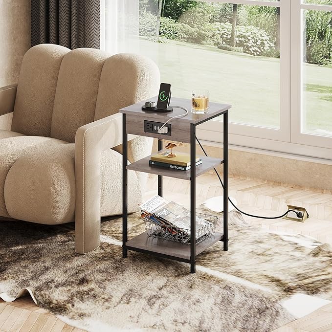 WLIVE End Table with Charging Station, Small Night Stand with 3 Storage Shelves, Side Tables for Small Spaces, Bedside Tables for Living Room, Bedroom, Grey