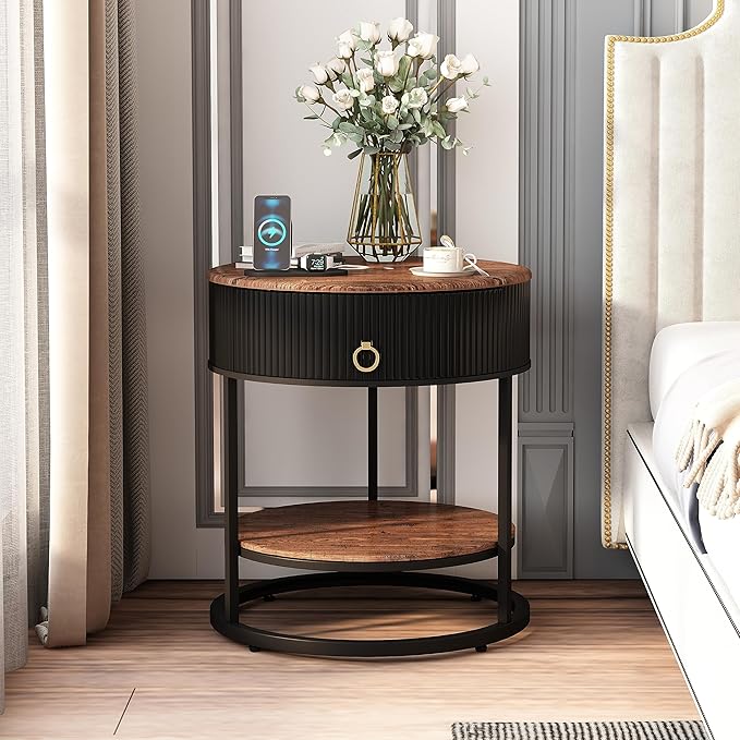 OIOG Round End Table with Drawer, Modern Wood Grain Side Table with Shelf, 2-Tier Nightstand with Drawer for Living Room, Bedroom, Rustic Brown and Black