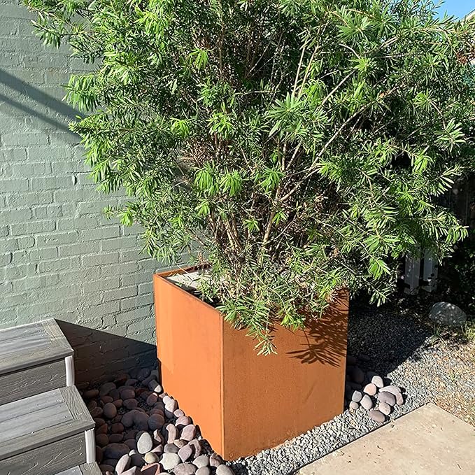 Corten Steel Planter Box Outdoor Planter Metal Square Large Steel Flower Pot Rustic Cube Patina Tall Plant 20 Inch Durable Antique for Commercial Residential Patio Deck Yard Garden