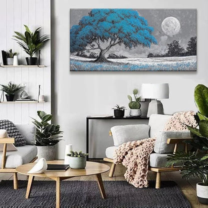 TAIJXAGSG Wall Art For Living Room Blue Tree Moon Canvas Art Wall Print Decor Artwork Print Painting 24" X 48" Modern Wall Art Picture For Bedroom Modern Salon Kitchen Office Home Wall Decor