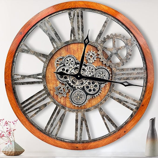 The B-Style 36" Large Moving Gear Wall Clock Oversized Vintage Farmhouse Wall Clocks for Living Room Decor Rustic Industrial Wood Clock (Brwon with Bronze Gears)