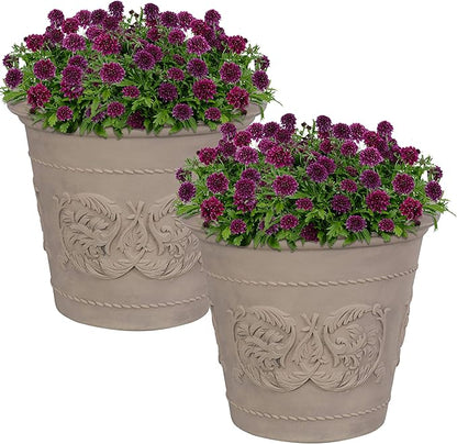 Sunnydaze 19.5-Inch Arabella Large Plant Pot - Polyresin Round Outdoor Planter with Drillable Drainage Holes - 2 Pack - Beige