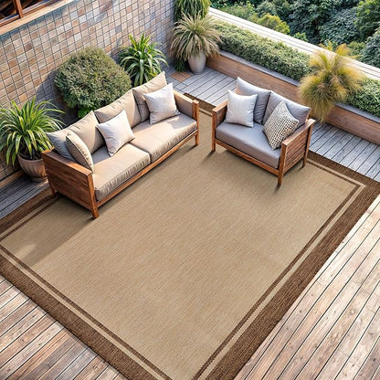 CAMILSON Outdoor Rug 8x10 Bordered Natural Brown Modern Area Rugs for Indoor and Outdoor Patios, Kitchen and Hallway Mats, Washable Porch Deck Outside Carpet (Border Jute, 8 x 10)