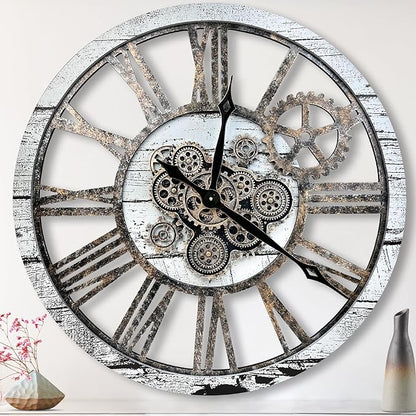 The B-Style 36" Large Moving Gear Wall Clock Oversized Vintage Farmhouse Wall Clocks for Living Room Decor Rustic Industrial Wood Clock (Gray White and Bronze Gears)