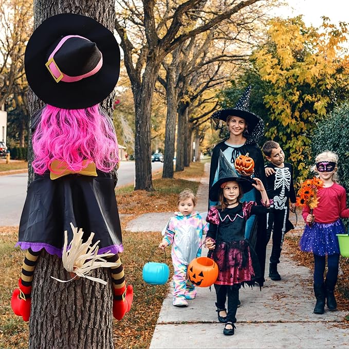 POPGIFTU 51" Halloween Crashing Witch Decoration – Pink Flying Witch for Tree, Yard, Porch, and Indoor Outdoor Halloween Décor