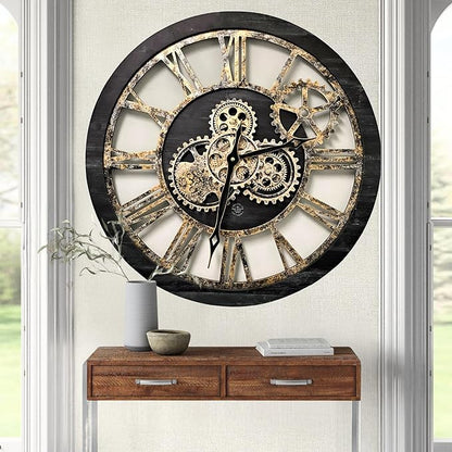 The Gears Clock The Original Real Moving Gear Wall Clock Vintage Industrial Oversized Rustic Farmhouse (24 inch (60cm), Vintage Black Wood and Bronze)
