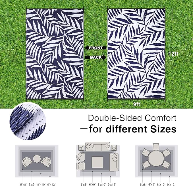 OLANLY Waterproof Outdoor Rug 9x12 ft, Reversible Outdoor Plastic Straw Rug with Leaf Pattern, RV Mat, Indoor Outdoor Carpet for Patio, Camping, Balcony, Deck, Backyard, Navy & White