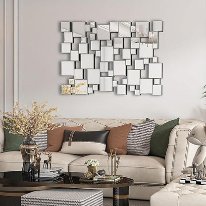 KOHROS Large Silver Wall Mirrors Decorative 48×32 Inch Modern Art Geometric Patchwork Mirror for Wall Decor, Living Room & Entryway Decor, 3D Space - Extending Wall - Mounted Mirror