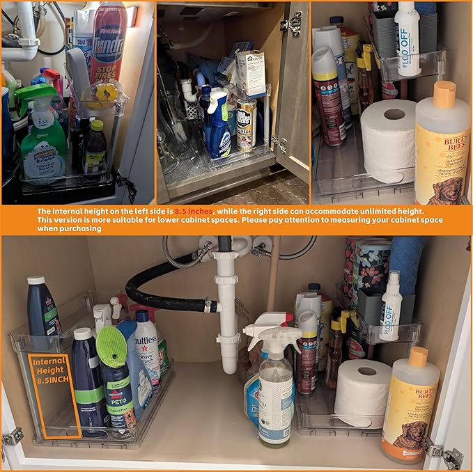 Yieach 2 Pack Kitchen Sink Organizer Under Cabinet,14.5 Inch Deep Clear Under Sink Storage Rack for Bathroom,Apartments and Small Space,Two Tier Pull Out Vanity Cabinet Organizer & Undersink Storage