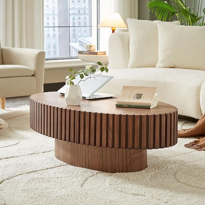 Oval Coffee Table for Living Room, Modern Fluted Coffee Tables with Pedestal Base, Handcrafted Centre Tea Tables Easy Assembly-43.7" Walnut