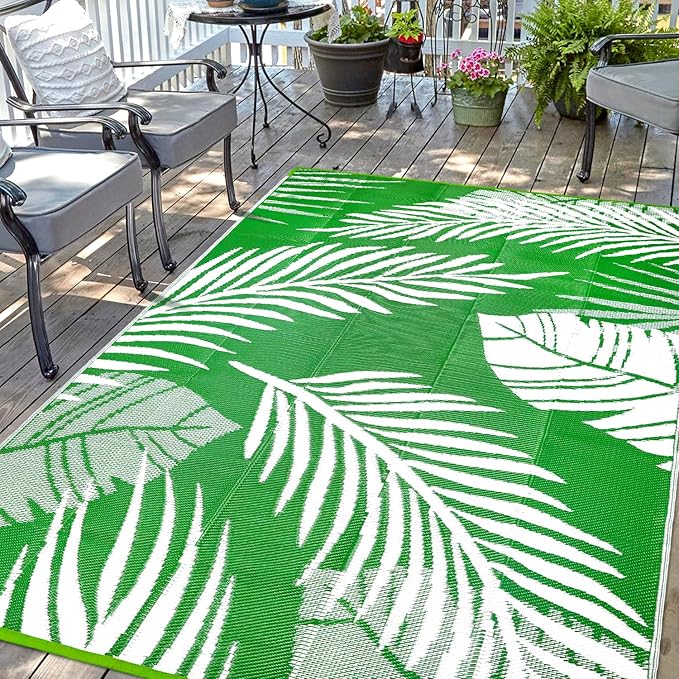 Waterproof Outdoor Rug 6x9ft, Green Leaf Reversible Plastic Straw Mat for Patio RV Deck Porch Backyard Balcony Camping Picnic Beach Indoor Outdoor Carpet, Green&White