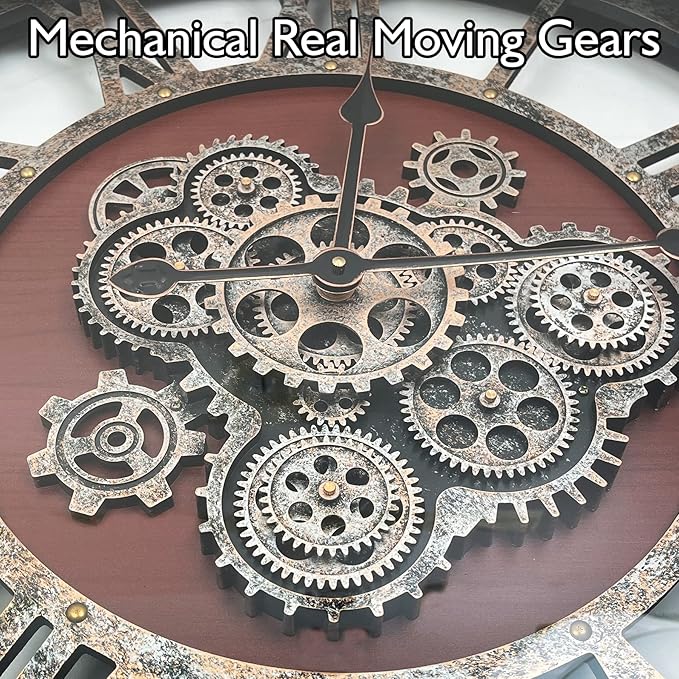 DORBOKER 27" Original Moving Gears Wall Clock, Large Industrial Wall Clock for Living Room Decor, Retro Metal Solid Wood Vintage Farmhouse Steampunk Rustic Clocks for Wall Decor,Black Walnut
