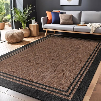 Bordered Outdoor Rug 6x9 Washable Outside Carpet for Indoor Patio Porch Waterproof Easy Cleaning Non Shedding Area Rugs Nut Brown 6 x 9