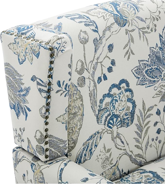 UIXE High Back Floral Accent Chairs Set of 2, Upholstered Armchair in Fabric, Retro Printed Wingback Arm Chair for Living Room, Nailhead Trim Single Sofa Bedroom Reading Seat - Plants Blue