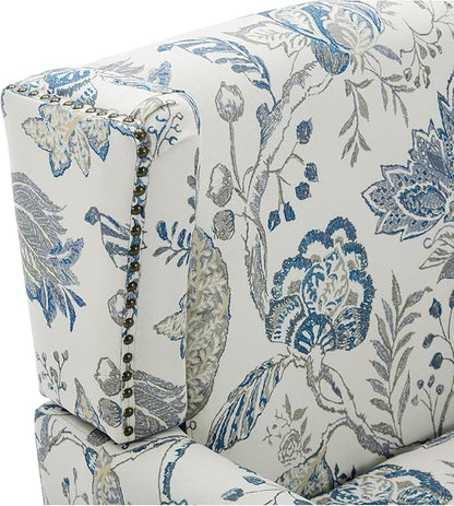 UIXE High Back Floral Accent Chairs Set of 2, Upholstered Armchair in Fabric, Retro Printed Wingback Arm Chair for Living Room, Nailhead Trim Single Sofa Bedroom Reading Seat - Plants Blue