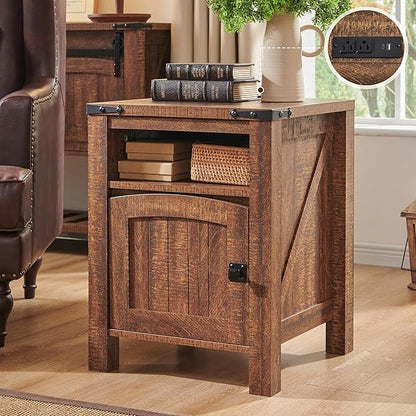 OKD Farmhouse Nightstand with Charging Station, 18" Rustic End Table with Adjustable Storage Shelf, Wood Rustic Wood Sofa Side Table for Bedroom