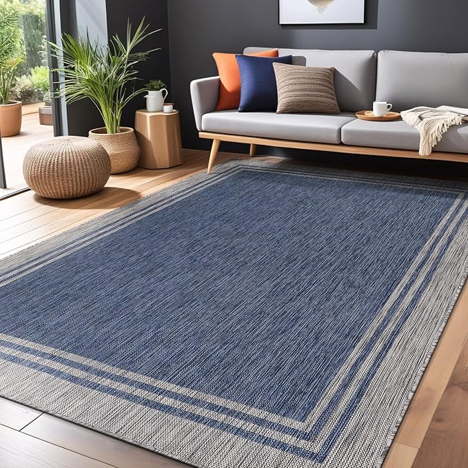 Bordered Outdoor Rug 10x14 Washable Outside Carpet for Indoor Patio Porch Waterproof Easy Cleaning Non Shedding Area Rugs Navy 10 x 14