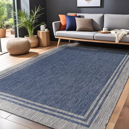 Bordered Outdoor Rug 10x14 Washable Outside Carpet for Indoor Patio Porch Waterproof Easy Cleaning Non Shedding Area Rugs Navy 10 x 14