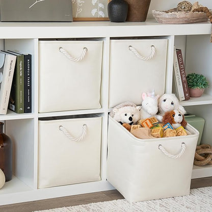 OrganiHaus 13x13 Cube Storage Bins 4 Pack, Foldable Cube Storage Organizer w/ Rope Handles, Collapsible Fabric Bins for Toys, Clothes & Closet Organization, Fabric Square Baskets - Off-White