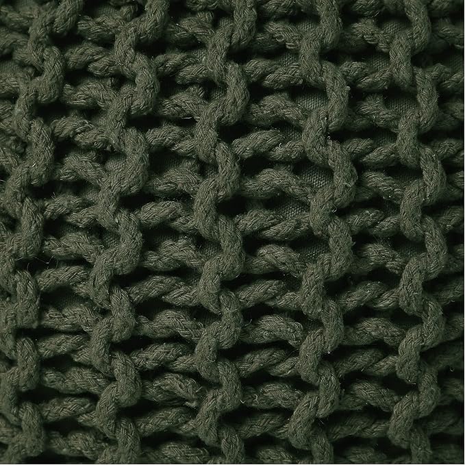 REDEARTH Round Hand Knitted Pouf - Foot Stool Bean Bag Ottoman - Cord Boho Pouffe - Poof Accent Beanbag Footrest for Living Room - Bedroom - Patio - Lounge (19.5"x19.5"x14") - Olive