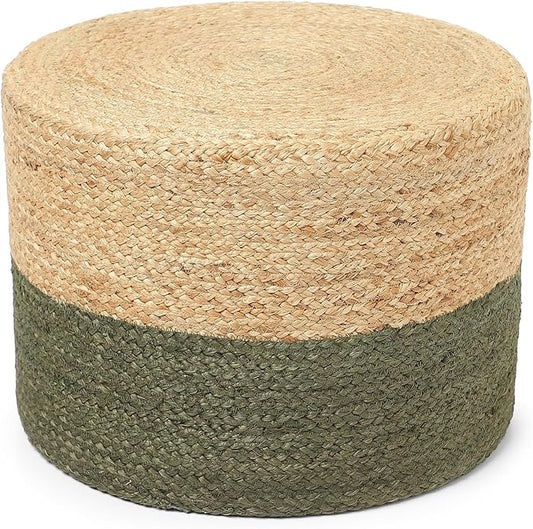 REDEARTH · Cylindrical Pouf Foot Stool Ottoman - Jute Braided Pouffe Poof Accent Sitting Footrest for Living Room, Bedroom, Nursery, Patio, Lounge & Other Rooms (Natural Olive, 18"x18"x14")