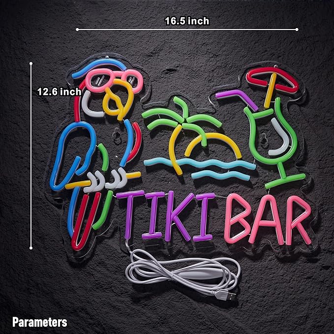 Tiki Bar Parrot Palm Tree Neon Sign for Wall Decor Hawaii Beach Bar LED Light up Signs with Dimmer for Pub Party Man Cave Room Art Decor Gift