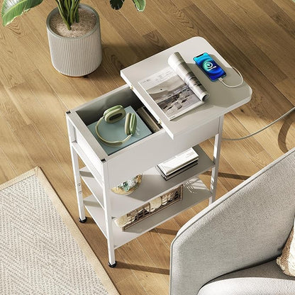 WLIVE End Table with Charging Station, Flip Top Side Table with Storage Shelf, Sofa Couch Table with USB Ports and Outlets, Narrow Bedside Table for Living Room, Bedroom Nightstand, White