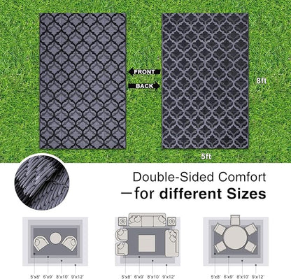 OLANLY Reversible Outdoor Rug 5x8 ft Clearance, Waterproof Outdoor Plastic Straw Rug with Interlacing Pattern, RV Mat for Patio, Camping, Balcony, Deck, Backyard, Black & Grey
