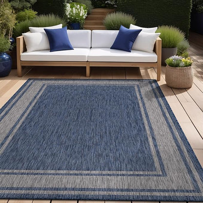 Beverly Rug Large Outdoor Rug 9x12 Modern Bordered Area Rugs for Indoor and Outdoor Patio Deck Porch Garden Waterproof Weather Sun Resistant Washable Outside Carpet (9 x 12 Navy)