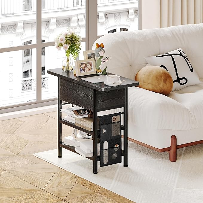 End Table with Charging Station, Flip Top Nightstand with USB Ports and Outlets,Couch Side Table with Fabric Bag and Hooks, Bedside Table for Space Saving, Living Room, Bedroom (Black)