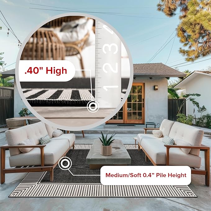 nuLOOM 4' x 6' Outdoor Area Rug, Casual Design With Striped Border, Stain Resistant, Highly Durable, For Patio, Balcony, Bedroom, Living Room, Dining Room, Bathroom, Black