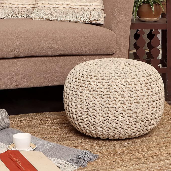 REDEARTH Round Pouf Ottoman - Cable Knitted Boho Poof - Home Décor Cord Pouffe Handmade Circular Footrest for Living Room - Bedroom - Kids Bedroom - 100% Cotton Pouf (18" x 18" x 14") - Ivory