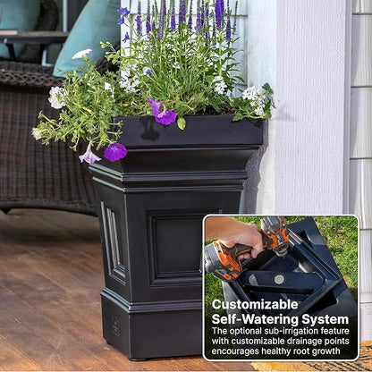 Step2 Atherton Square Planter, Large Planters for Outdoor Plants, Gardening and Flower Pot for Patio or Porch, Efficient Drainage, Durable Plastic, Onyx Black