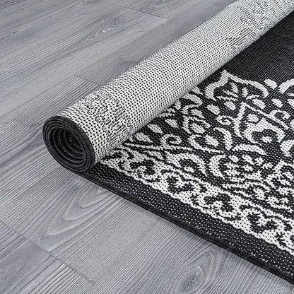 CAMILSON Outdoor Rug, 8x10 Medallion Black White Modern Area Rugs for Indoor and Outdoor Patios, Kitchen and Hallway Mats, Washable Porch Deck Outside Carpet (Medallion Black, 8 x 10)