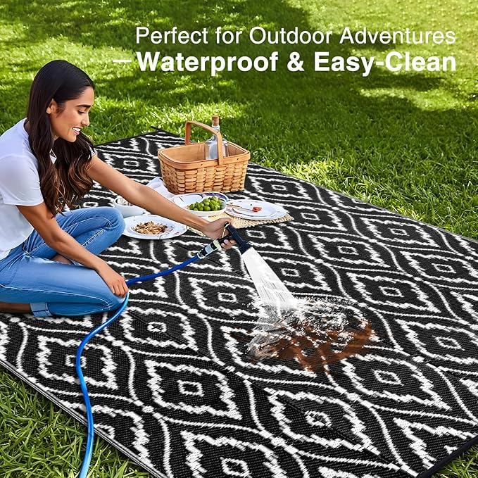 OLANLY Outdoor Rug 8x10 ft Waterproof, Outdoor Plastic Straw Rug with Geometric Pattern Clearance, Reversible RV Mat for Patio, Camping, Balcony, Deck, Backyard, Black & White