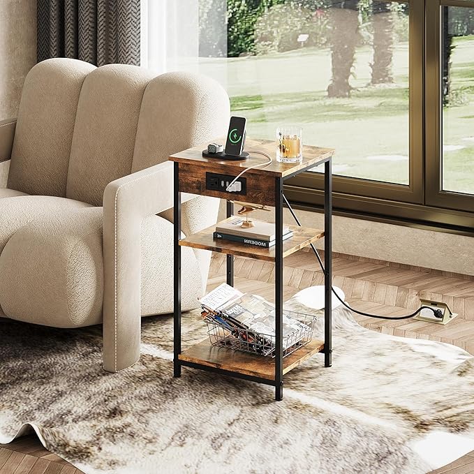 WLIVE End Table with Charging Station, Small Night Stand with 3 Storage Shelves, Side Tables for Small Spaces, Bedside Tables for Living Room, Bedroom, Rustic Brown